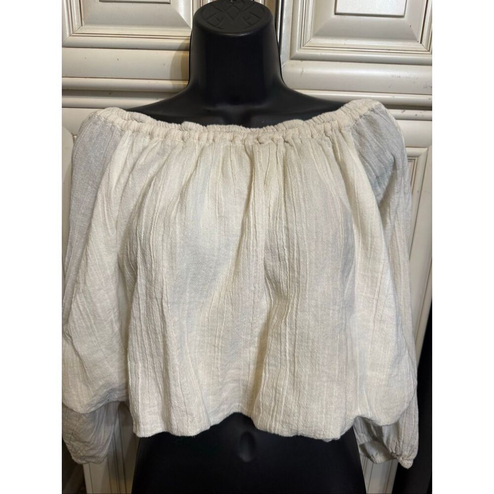 We The Free Womens Cotton Off Shoulder Boho Cropped Peasant Blouse Cream Size XS